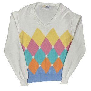 Vintage Pringle of Scotland Colorful Diamond Cotton V-Neck Sweater Knit Small